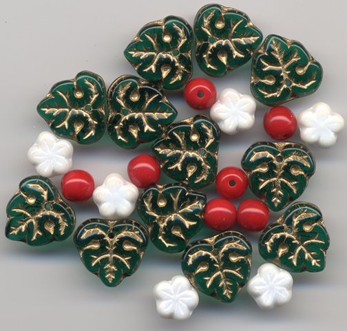 Christmas Holly Berry Bead Mix Green Leaves and Red Berry Beads