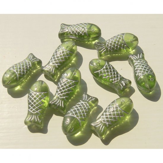 Olive Green Salmon Fish Beads Glass 20x7mm Detailed Big