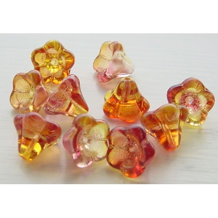 Golden Yellow and Pink Fuchsia Swirl Trumpet Flower Czech Glass Beads 11mm Two Tone