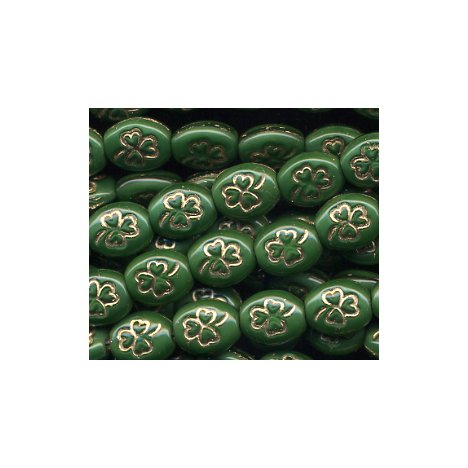 25 Irish Emerald Green w/Gold Outline Shamrock Czech Glass Beads
