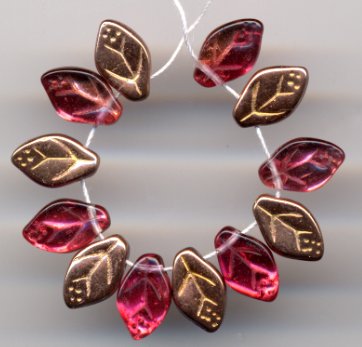 Ruby Leaves w Copper Glass Beads Czech Vintage Style