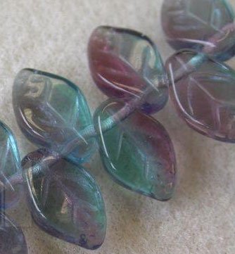 Teal Blue and Amethyst Glass Leaf Beads 20 Czech Last one