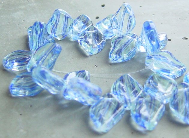 Blue Aqua Stripe 9x12mm Glass Leaf Bead
