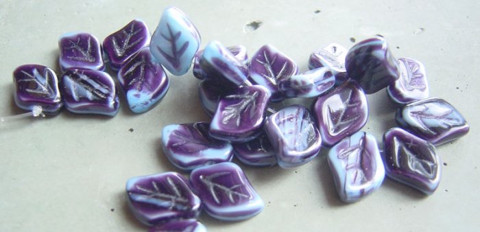 Blue and Purple Stripe 9x12mm Glass Leaf Bead