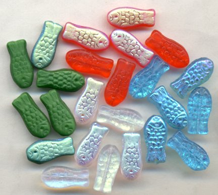 Orange, Blue Aqua, Green and Crystal AB Fish Beads Czech Glass Detailed
