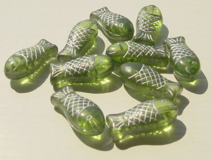 Green Salmon Fish Beads Glass Detailed Silver Inlay