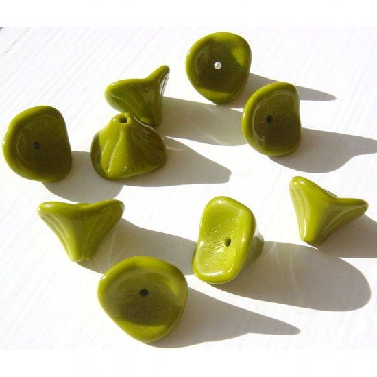 Olive Green Opaque Glass 3 Petal fluted Flower Beads