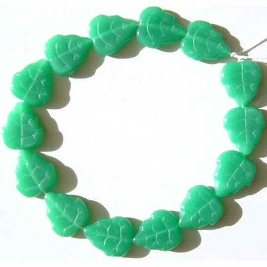 12mm Green Opal Leaf beads Czech Glass 15 Pieces Autumn