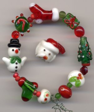 Snowman, Santa Hat, Stocking Tree Christmas Glass Lampwork Beads