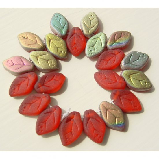 Red Matte Frosted AB Color Leaf Glass Beads 25 Pcs