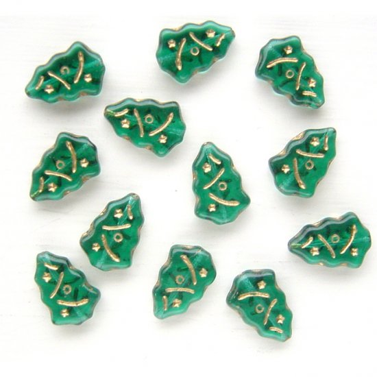 Emerald Green w Gold Inlay Christmas Tree Beads Glass (