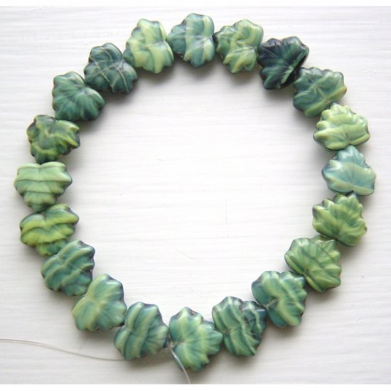 Green Holly Ivy Maple Leaves Czech Glass Beads
