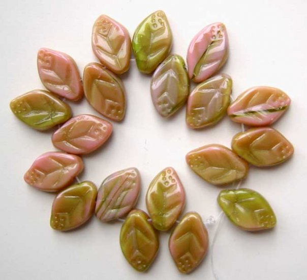 Mauve and Green Cane Glass Leaf Beads 7/12mm