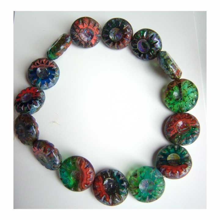 Vibrant Green Blue Orange Sunburst Disc Glass Beads