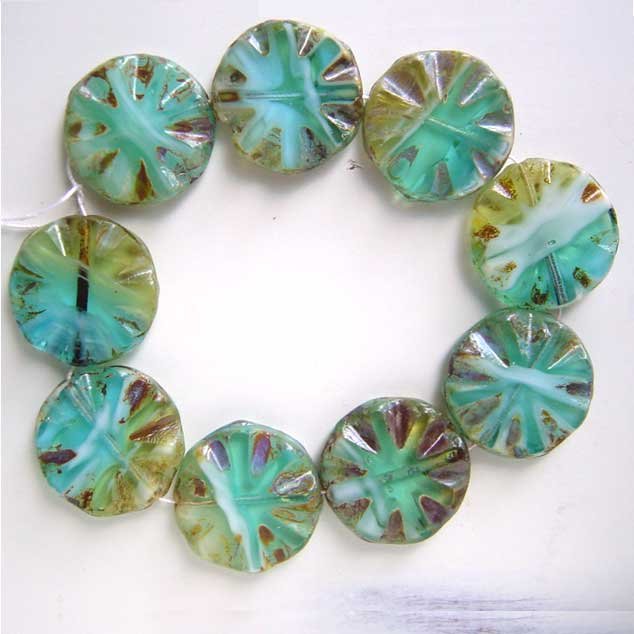 Aqua Green Sand White Glass Picasso Coin Disc Beads Desert Colors