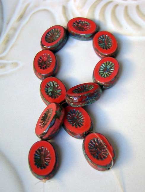 Red Opaque with Starburst Oval Window Picasso Beads
