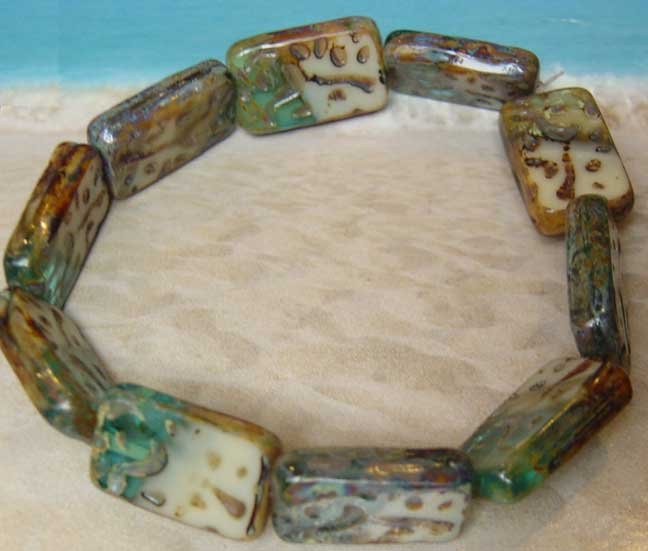 Cream Aqua Picasso Engraved Tile Rectangle Glass Beads