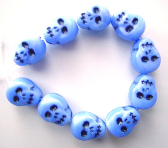 Neon Blue Skull Beads Czech Glass Day of Dead