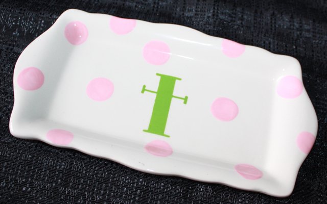 NEW COTON COLORS MONOGRAM T PINK WHITE POLKADOT TRAY
