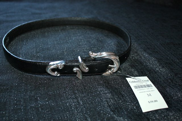 Coldwater Creek NEW black leather "Allegro Swirl" belt with silver buckle