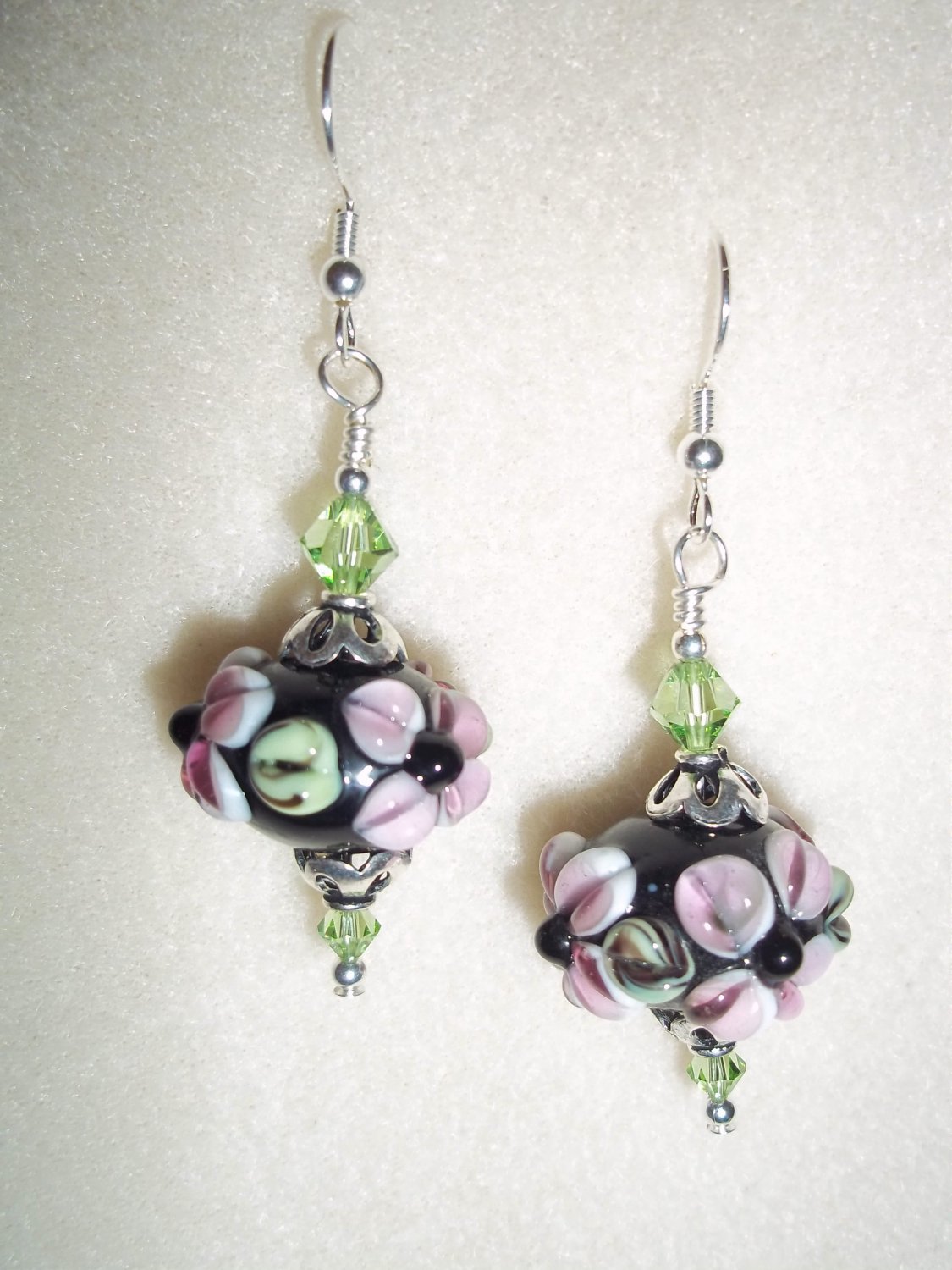 Handmade Black & Flower Lampwork Earrings