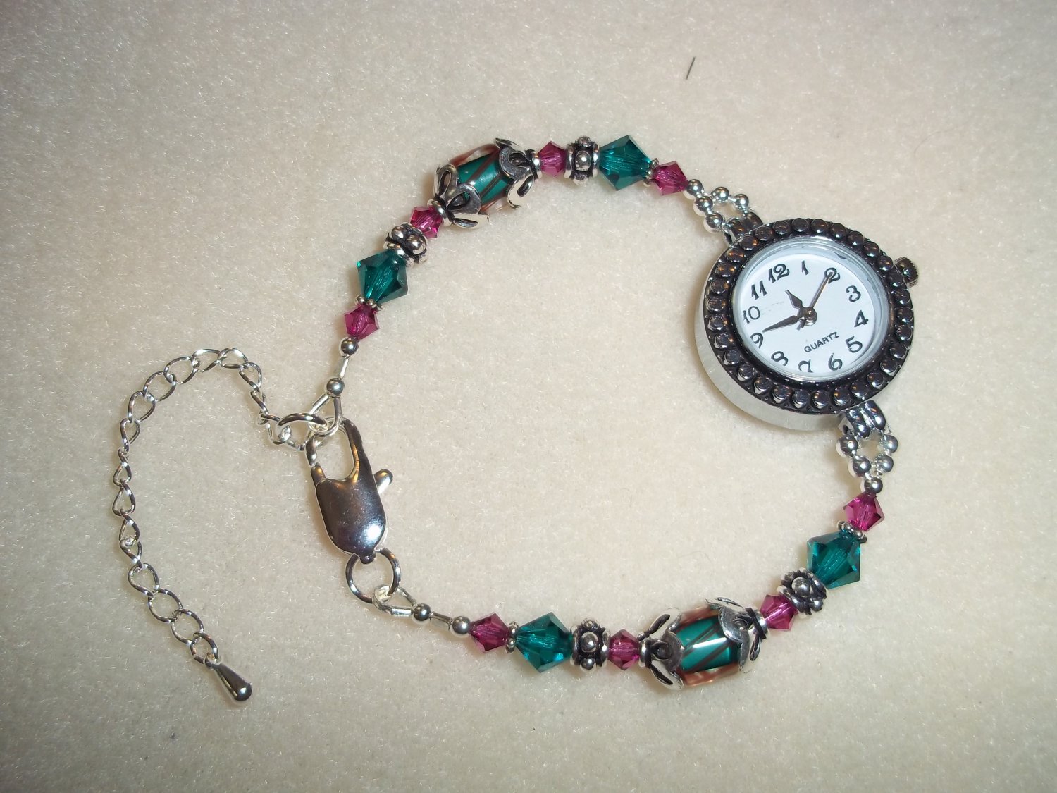 Handmade Beaded Pink & Green Watch