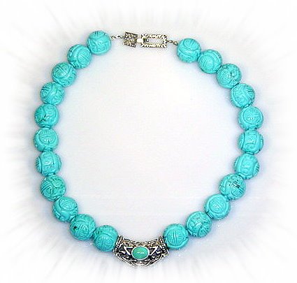 Artisian Handcrafted Designer Sterling Siver and Carved Blue Turquoise Bead Collar Necklace