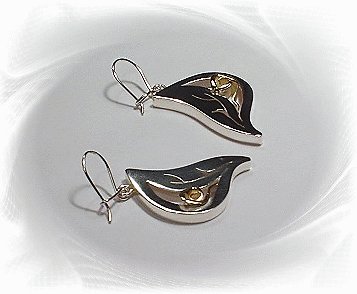 Artisian Handcrafted Designer Sterling Silver Leaf Dangle Earrings With 14K Gold Rose