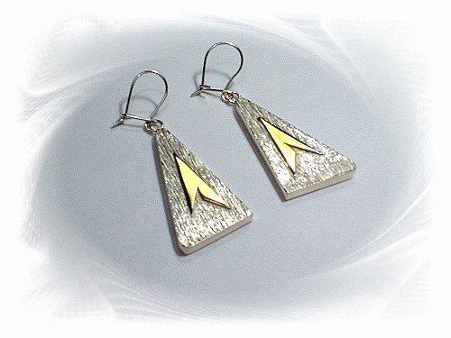 Artisian Handcrafted Designer Sterling Silver Large Triangle Dangle Earrings With 14k Gold Deco