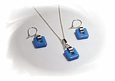 Artisian Handcrafted Designer Sterling Silver Blue Glass Coral Earring and Pendant Set