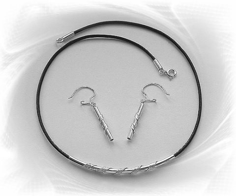 Artisian Handcrafted Designer Sterling Silver Black Cord Necklace and Earring Set