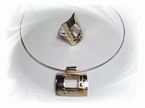 Artisian Handcrafted Designer Sterling Silver Pendant and Ring with Gold Accent