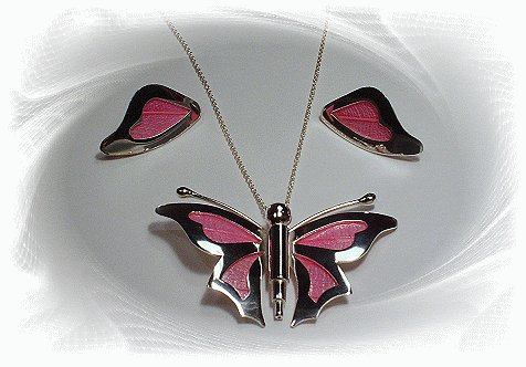 Artisian Handcrafted Designer Sterling Silver Pink Butterfly Pendant and Earrings Set
