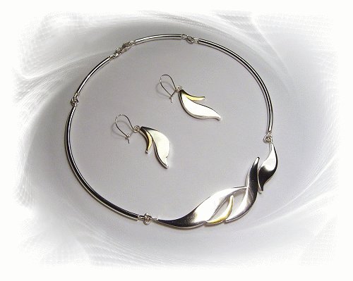 Artisian Handcrafted Designer Sterling Silver Two Tone Necklace and Earring Set