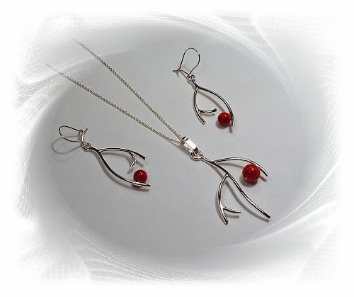 Artisian Handcrafted Designer Sterling Silver Red Coral Earrings and Pendant