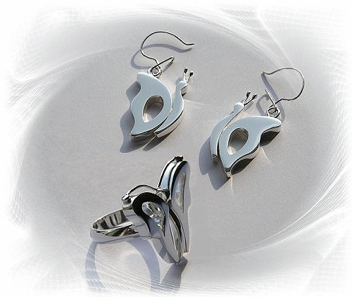 Artisian Handcrafted Designer Sterling Silver Butterfly Earrings and Ring Set