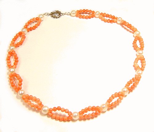 Artisian Handcrafted Designer Salmon Coral Bead Necklace With Freshwater Pearls