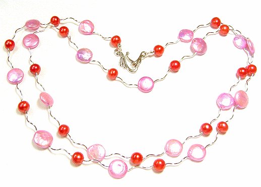 Artisian Handcrafted Designer Pink Shell And Red Freshwater Pearl Necklace