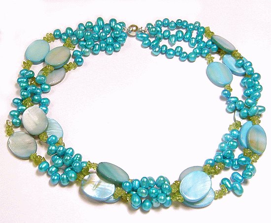 Artisian Handcrafted Designer Blue Pearl Necklace with Olivine and Sterling Silver Clasp