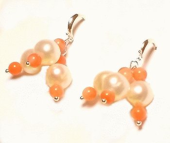 Artisian Handcrafted Designer Salmon Coral and White Freshwater Pearl Earrings
