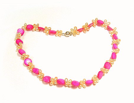 Artisian Handcrafted Designer Pink Shell and Golden Pearl Necklace With Sterling Silver Clasp