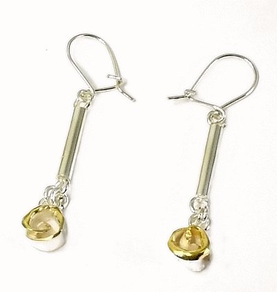 Artisian Handcrafted Designer Sterling Silver Dangle Earrings With Gold Rose