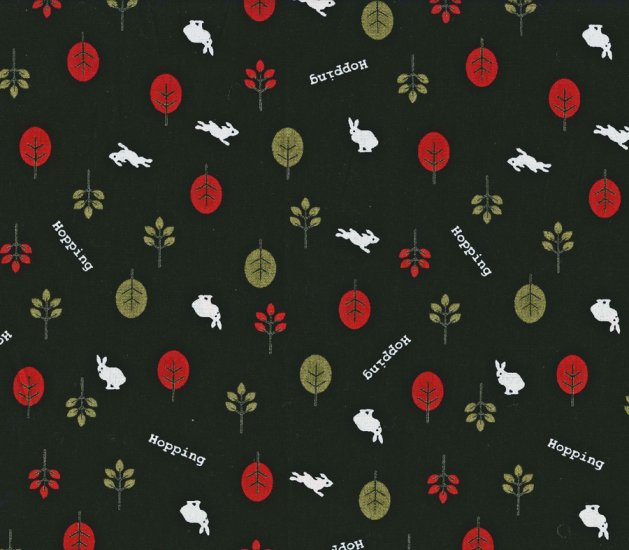 Hopping White Bunnies in Red and Green Forest on Black- Fabric Fat Quarter