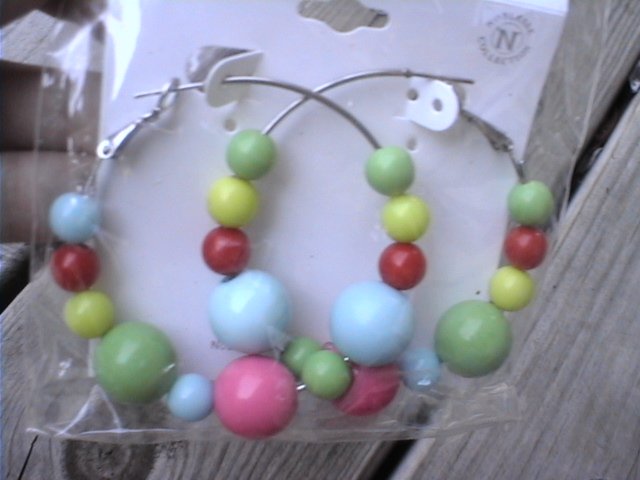 New 1980's Retro Earrings Multi Colored Plastic Beaded Hoops