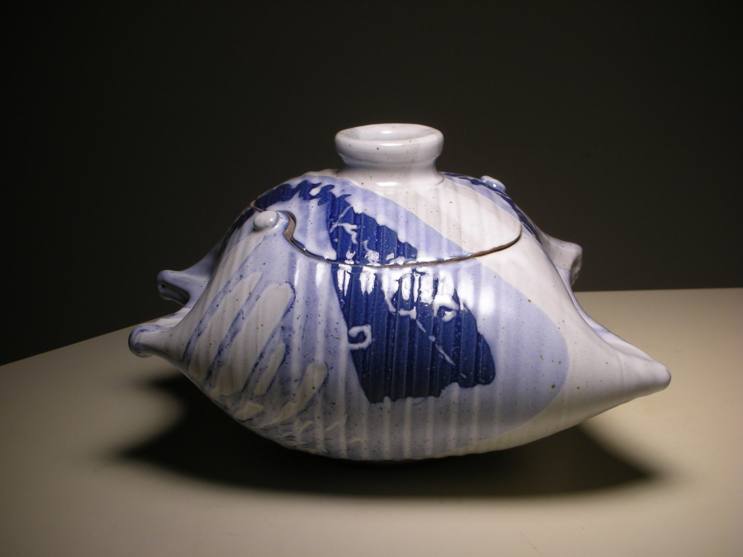 Paul Anthony Stoneware Royal Blue Fish Pillow Casserole Container (Signed)