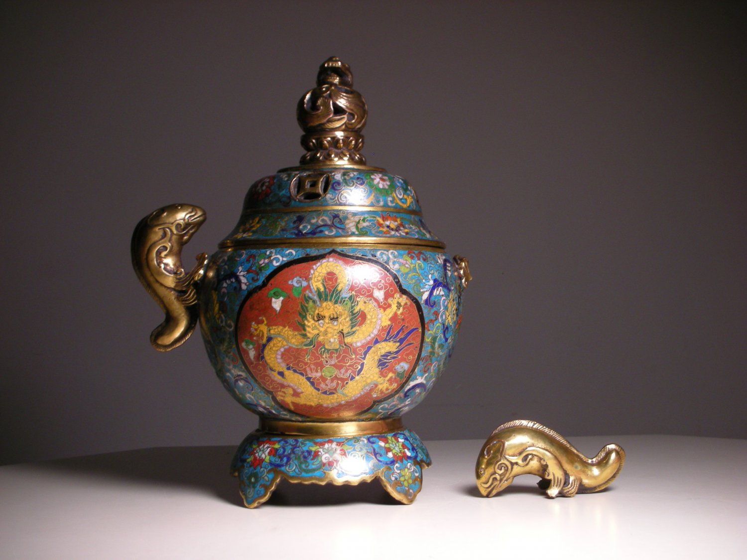 Vintage Chinese Cloisonne Incense Burner Pot (Fish Handles)