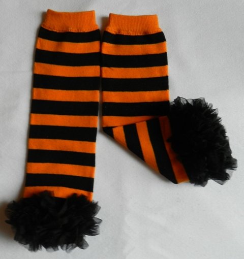 Orange and Black Striped Leg Warmers with Black Chiffon Ruffles