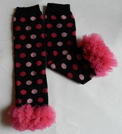 Black with Pink Polka Dot Leg Warmers with Hot Pink Chiffon Ruffles