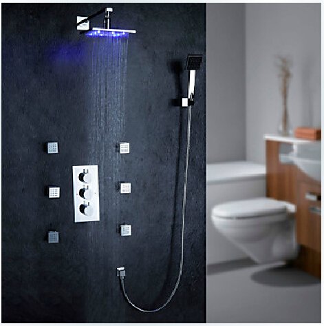 LED Wall Mount Thermostatic Shower Faucet with BodySprays (Chrome Finish) ----000342
