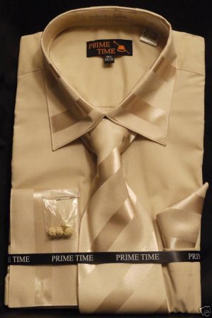 New Prime Time French Cuff Dress Shirt, Tie, Hanky SET - Beige 16.5-34/35